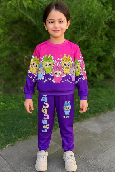 İKİ RENKLİ ÇOKLU LABUBU KIZ EŞOFMAN TAKIMI  Mor