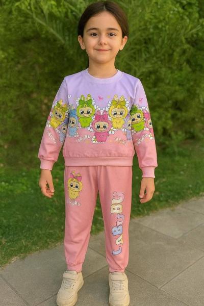 İKİ RENKLİ ÇOKLU LABUBU KIZ EŞOFMAN TAKIMI  Somon