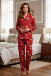 KALPLİ VE AYICIKLI ANNE SÜET PİJAMA TAKIMI  Kırmızı