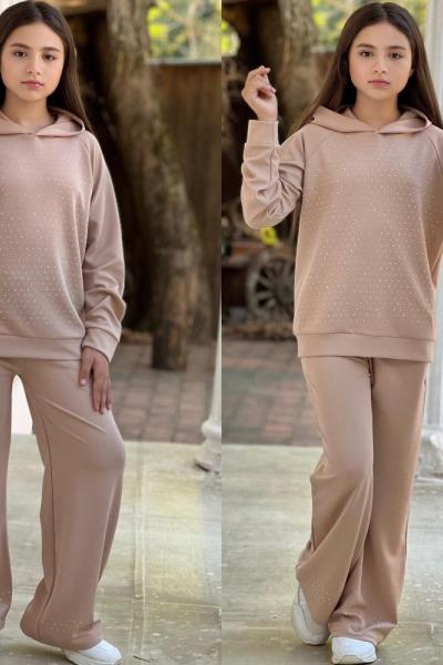 KAPŞONLU TAŞ İŞLEMELİ İKİLİ KIZ TAKIM  Bej