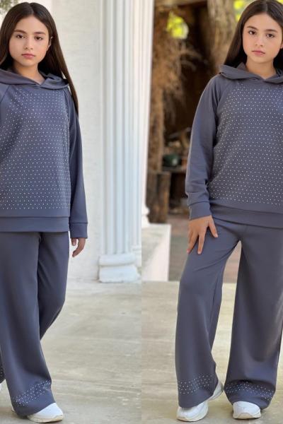 KAPŞONLU TAŞ İŞLEMELİ İKİLİ KIZ TAKIM  Gri