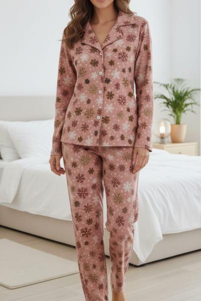 KAR TANESİ DESENLİ SÜET ANNE PİJAMA TAKIMI  Pembe