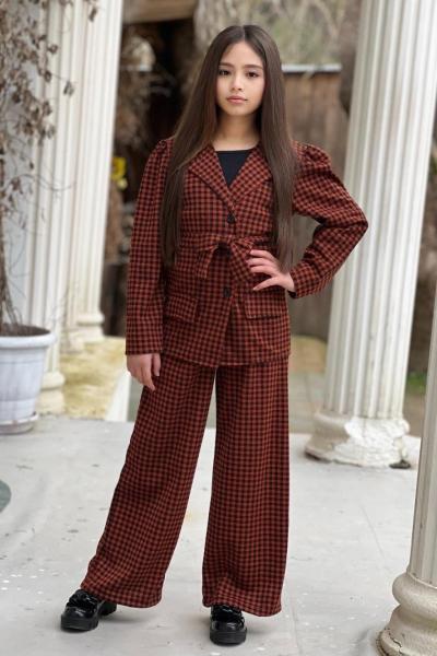 KAZ AYAĞI DESENLİ KIZ CEKETLİ TAKIM  Kiremit