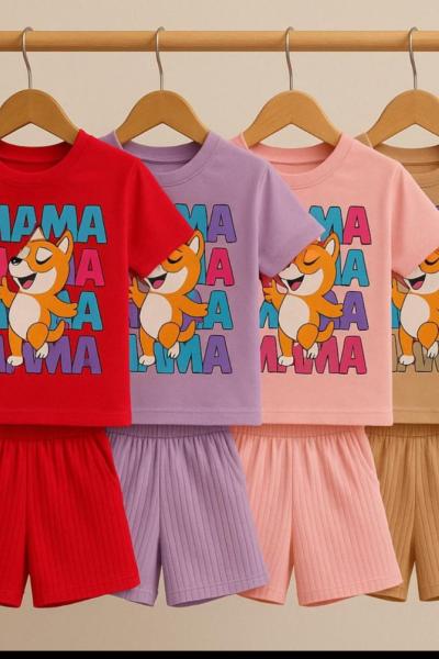 KEDİLİ MAMA ŞORTLU KIZ TAKIM  Fuşya