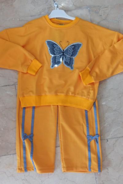 KELEBEK BASKILI ALT MİNİK FİYONK ŞERİTLİ KIZ TAKIM  Turuncu