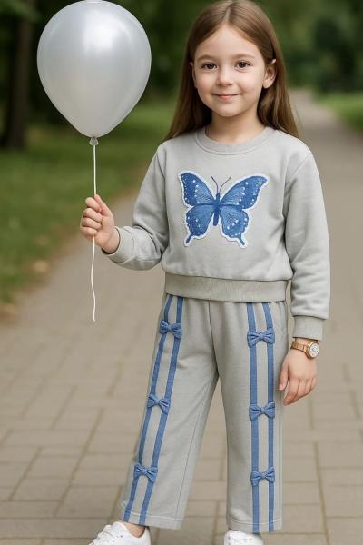 KELEBEK BASKILI ALT MİNİK FİYONK ŞERİTLİ KIZ TAKIM  Gri