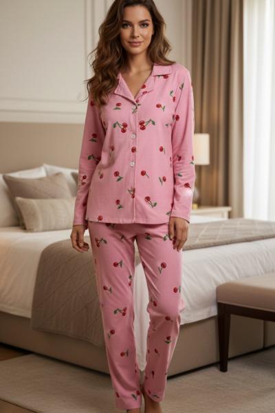 KİRAZLI ANNE SÜET PİJAMA TAKIMI  Pembe