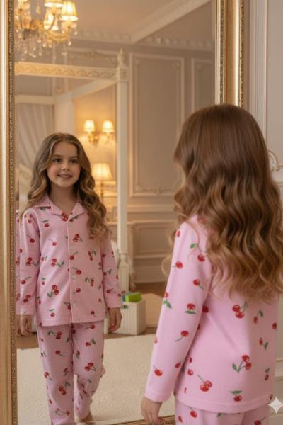 KİRAZLI MODEL PİJAMA TAKIMI  Pembe