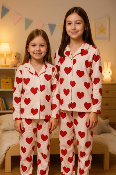 KIRMIZI KALPLİ SÜET KIZ PİJAMA TAKIMI Beyaz