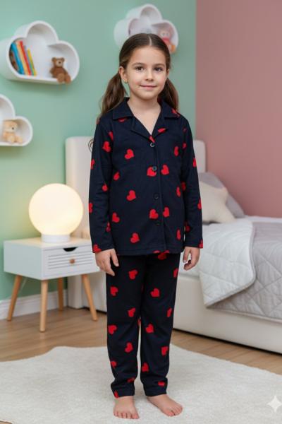 KIRMIZI KALPLİ SÜET KIZ PİJAMA TAKIMI Siyah