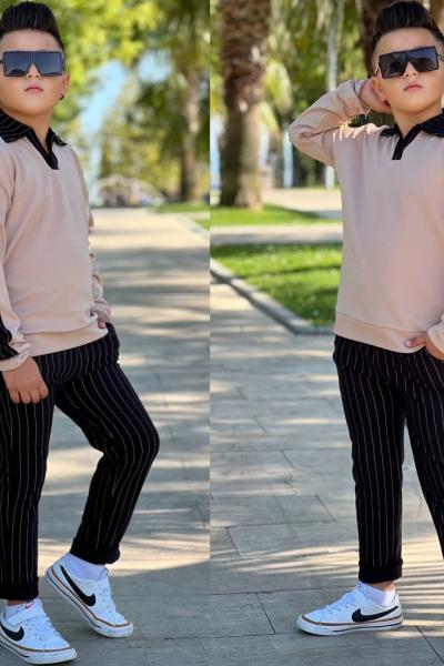 KOLLAR YAKA GARNİLİ PATLİ ÇAKIL TAŞI ERKEK TARZ TAKIM Bej