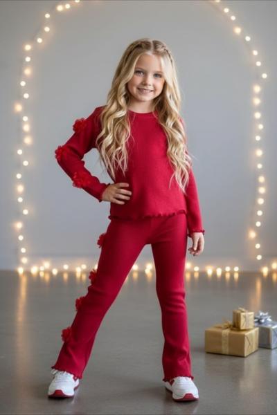 KOLLARI ÇİÇEK DETAYLI RİBANA KIZ TAKIM Kırmızı