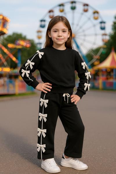 KOLLARI EŞOFMANI FİYONKLU ŞERİTLİ KIZ TAKIM Siyah