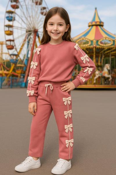 KOLLARI EŞOFMANI FİYONKLU ŞERİTLİ KIZ TAKIM Pudra