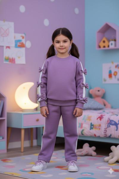 KOLLARI FİYONKLU EŞOFMAN ŞERİTLİ KIZ TAKIM Lila