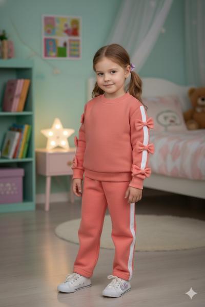 KOLLARI FİYONKLU EŞOFMAN ŞERİTLİ KIZ TAKIM Somon