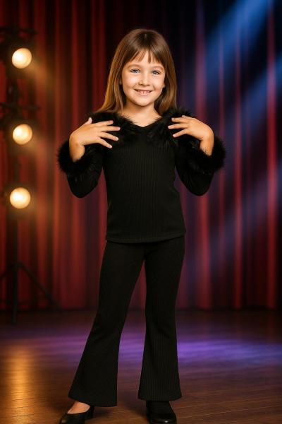 KÜRK YAKA MODEL ALT İSPANYOL TAYTLI KIZ TAKIM Siyah