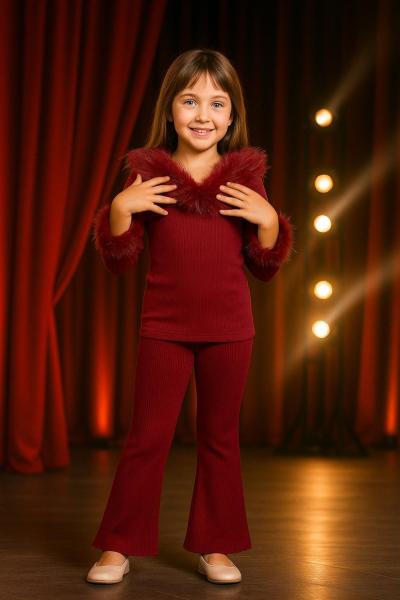 KÜRK YAKA MODEL ALT İSPANYOL TAYTLI KIZ TAKIM Bordo