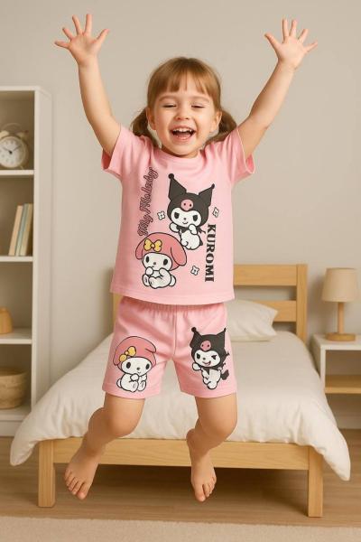 KUROMİ DESENLİ ŞORTLU KIZ TAKIM  Pembe