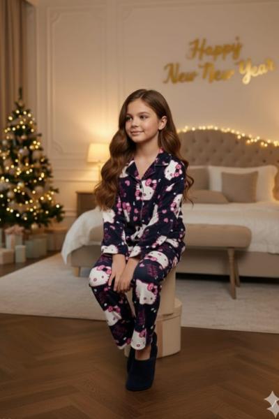 LACİVERT HELLO KİTTY SÜET KIZ PİJAMA TAKIMI Lacivert