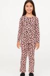 LEOPAR DESENLİ FİYONKLU OMUZ FIRFIRLI FİTİLLİ KIZ TAKIM LEOPAR PEMBE