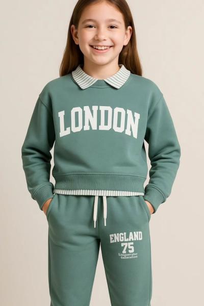 LONDON YAZILI GÖMLEK YAKA 2 İP EŞOFMAN TAKIMI  Yeşil