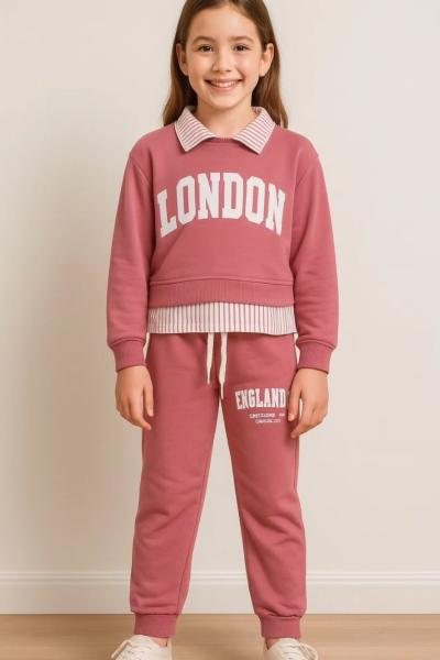 LONDON YAZILI GÖMLEK YAKA 2 İP EŞOFMAN TAKIMI  Gül