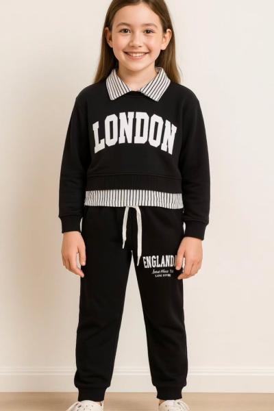 LONDON YAZILI GÖMLEK YAKA 2 İP EŞOFMAN TAKIMI  Siyah