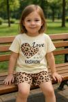 LOVE FASHİON YAZAN KALP VE ŞORTU LEOPARLI PENYE KIZ TAKIM  Bej
