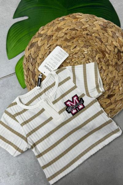 M YAZILI ÇİZGİLİ CROP Bej