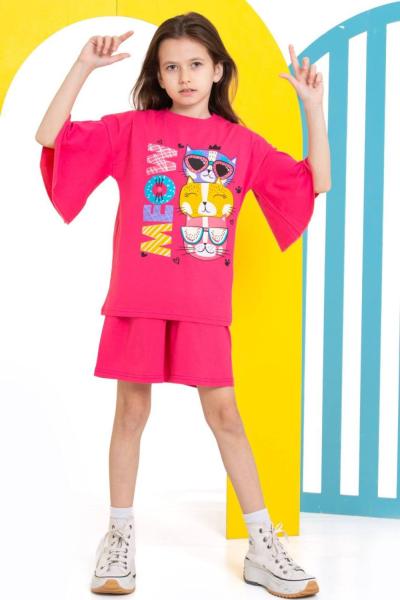 MEOW 3 KEDİLİ ŞORTLU KIZ TAKIM  Fuşya