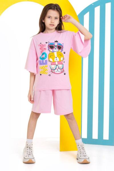 MEOW 3 KEDİLİ ŞORTLU KIZ TAKIM  Açık Pembe