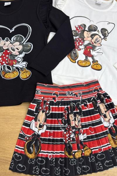 MİNİE MOUSE ETEGİ KALIN ÇİZGİLİ ÜST SİYAH ETEKLİ TAKIM  Siyah