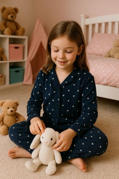 MİNİK KALPLİ SÜET KIZ PİJAMA TAKIMI Lacivert