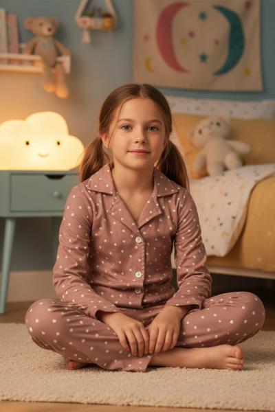 MİNİK KALPLİ SÜET KIZ PİJAMA TAKIMI Gül