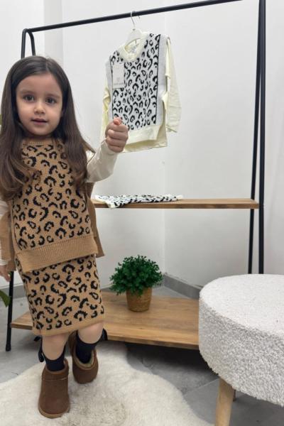 MİNİK LEOPARLI SÜVETERLİ 3LÜ TRİKO ETEKLİ TAKIM  Kahverengi