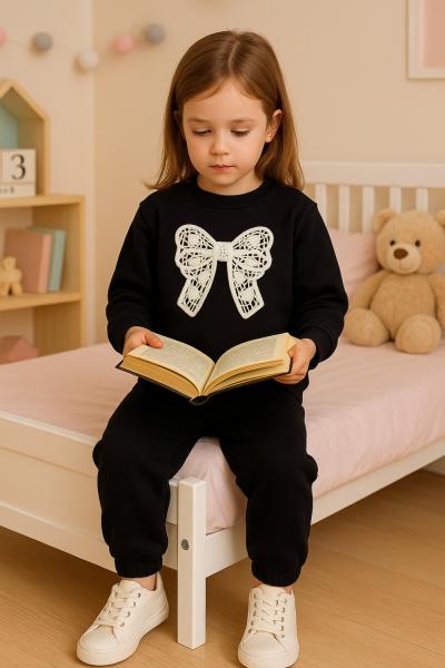 NAKIŞ FİYONKLU İKİ İP PENYE KIZ TAKIM Siyah