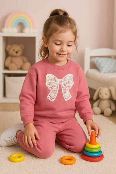 NAKIŞ FİYONKLU İKİ İP PENYE KIZ TAKIM Koyu Pembe