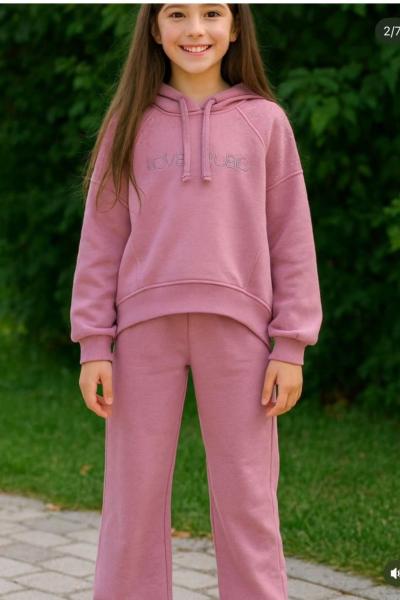 OMUZ TAŞLI LOVE İS MUSİC KAPİŞONLU KIZ TAKIM Pembe