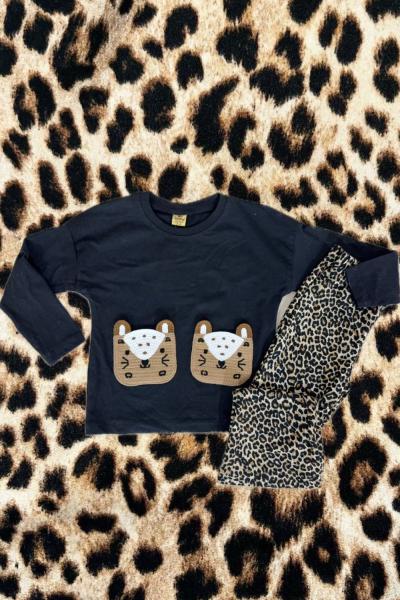 ÖNDEN ÖRGÜ İKİ CEPLİ TAVŞANLI LEOPARLI TAYTLI TAKIM  Siyah