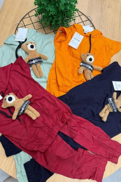 ÖNÜ AYICIKLI PAÇASI LASTİKLİ KETEN TAKIM Kırmızı