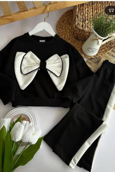 ÖNÜ ÇİFT FİYONKLU PAÇA ŞERİTLİ KIZ EŞOFMAN TAKIMI Siyah