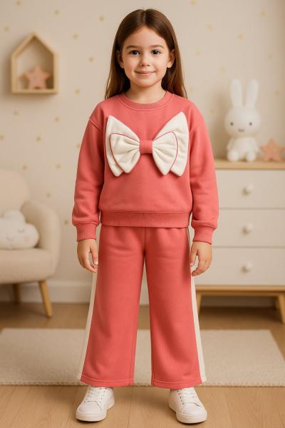 ÖNÜ ÇİFT FİYONKLU PAÇA ŞERİTLİ KIZ EŞOFMAN TAKIMI Nar Çiçeği