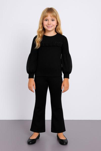 ÖNÜ İNCİLİ DANTEL FIRFIRLI İSPANYOL TAYTLI KIZ TAKIM Siyah