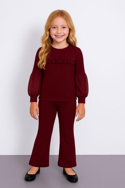 ÖNÜ İNCİLİ DANTEL FIRFIRLI İSPANYOL TAYTLI KIZ TAKIM Bordo