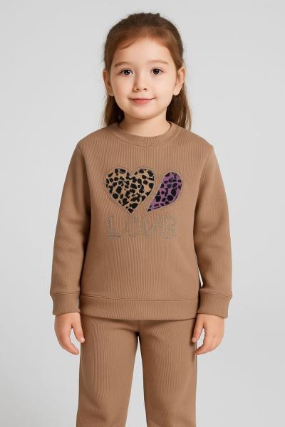 ÖNÜ LOVE YAZILI LEOPAR KALPLİ KIZ İSPANYOL TAKIM Kahverengi