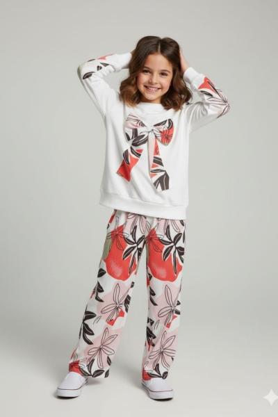 ORTASI FİYONKLU PANTOLONU ÇİÇEKLİ BÜRÜMCÜK KIZ TAKIM  Pembe