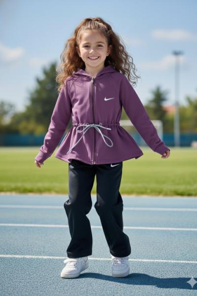 OYSHO KUMAŞ NİKE KORDONLU KAPŞONLU KIZ EŞOFMAN TAKIMI Lila