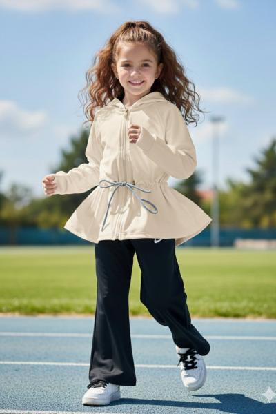 OYSHO KUMAŞ NİKE KORDONLU KAPŞONLU KIZ EŞOFMAN TAKIMI Bej