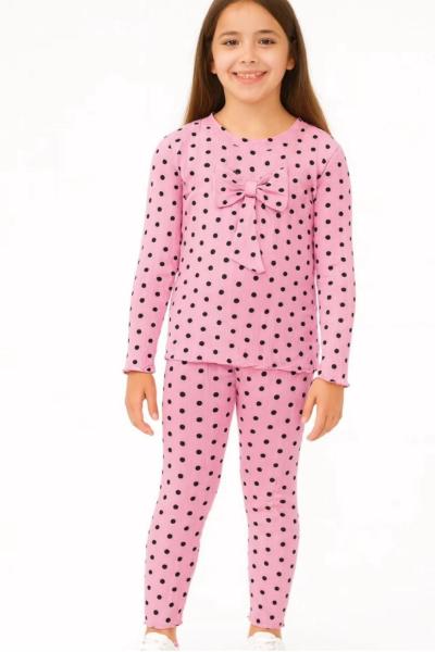 PUANLI FİYONKLU OMUZ FIRFIRLI FİTİLLİ KIZ TAKIM Pembe